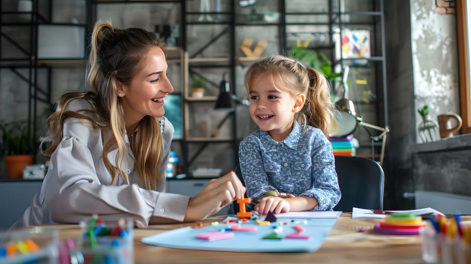Logopädin, die an den Problemen und Behinderungen legasthener Kinder arbeitet. Glückliches Kind sitzt zusammen mit einem Sprachpathologen an einem Schreibtisch im modernen Büro und spielt Spaß